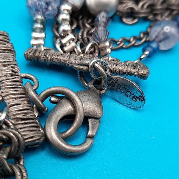 Chico’s Layered Beaded Necklace Silver Tone Glass Pearl Shell 7 Strands 30” - Picture 10 of 15